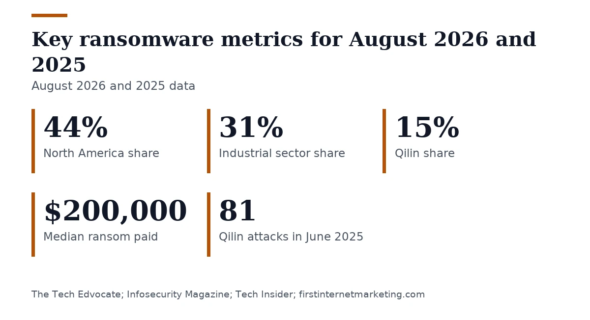 Key figures, Key ransomware metrics for August 2026 and 2025. North America share: 44%; Industrial sector share: 31%; Qilin share: 15%; Median ransom paid: $200,000; Qilin attacks in June 2025: 81.