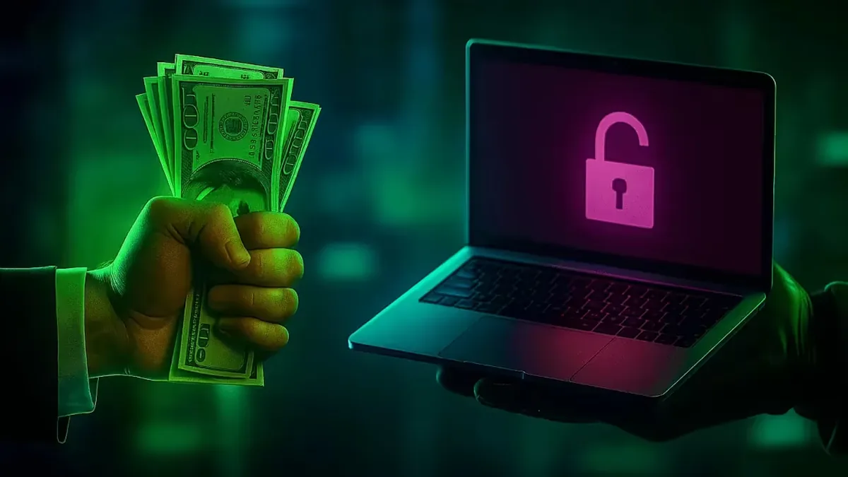 A hand holding hundred-dollar bills next to a laptop displaying an open padlock icon under green and purple light.