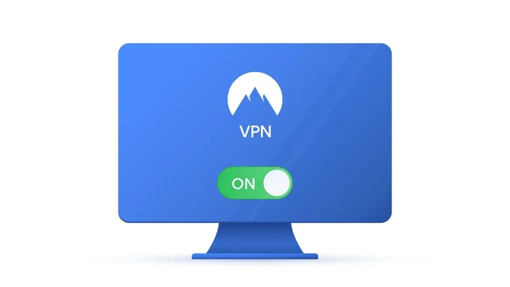 A blue computer monitor displaying a white mountain VPN logo and a green toggle switch showing 'ON'.