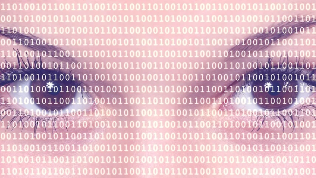 Close-up of human eyes with a pink hue, overlaid with rows of white binary code.