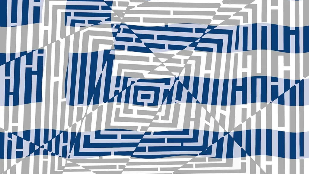 An abstract blue and grey grid pattern resembling a complex maze or network pathways.