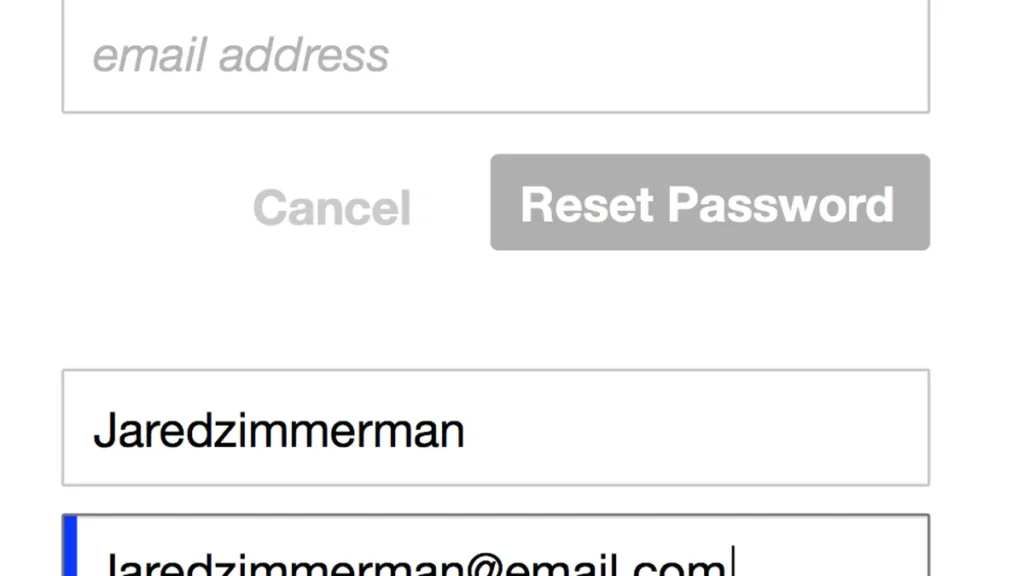 A cropped view of a web form with 'Reset Password' button, username, and email fields.