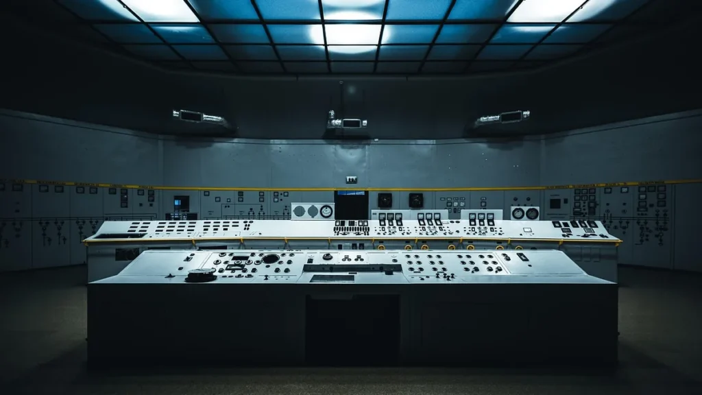 A symmetrical, retro-futuristic control room console with rows of dials and switches under a blue grid-lit ceiling.