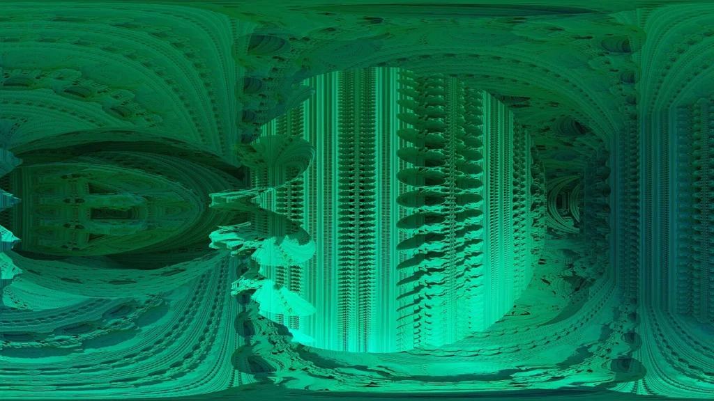 Abstract green fractal landscape depicting a complex digital cyberspace tunnel, symbolizing AI technology.