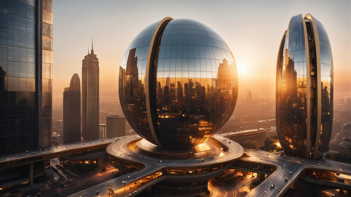 Futuristic glass sphere buildings reflecting a city skyline at sunset, surrounded by elevated highways.