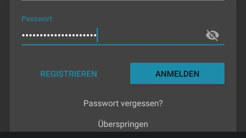 Teal-themed German login screen with a masked password input field, login and registration buttons.