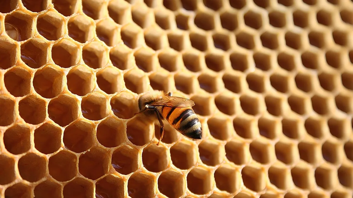 A close-up of a honeybee on a golden, hexagonal honeycomb structure.