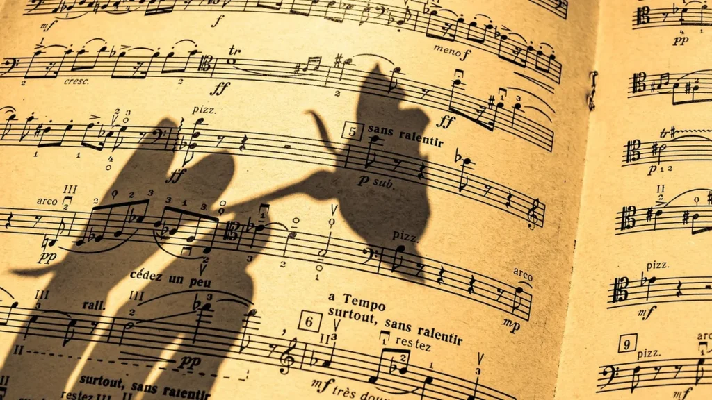 Shadow of a person holding a cat cast over warm, vintage sheet music with musical notation.