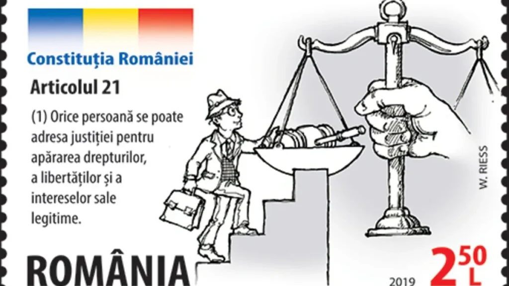 Cartoon of a man climbing stairs to scales of justice under Romanian Constitution text.