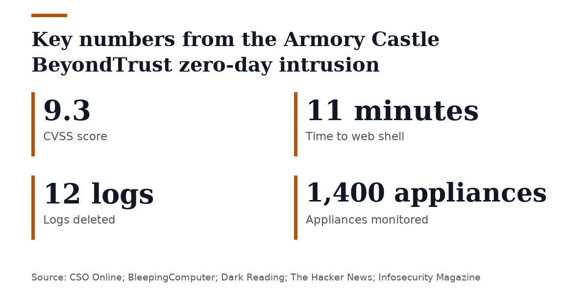 Key figures, Key numbers from the Armory Castle BeyondTrust zero-day intrusion. CVSS score: 9.3; Time to web shell: 11 minutes; Logs deleted: 12 logs; Appliances monitored: 1,400 appliances.