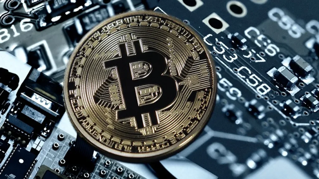 A gold Bitcoin coin resting on a dark computer circuit board.