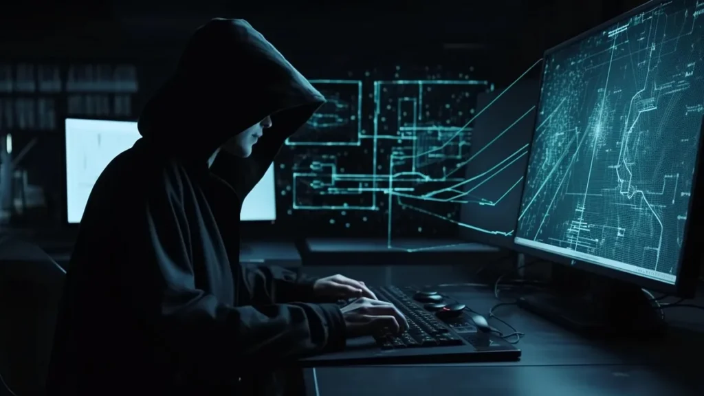 Hooded figure typing on a keyboard in a dark room, looking at a screen displaying complex network data visualizations.