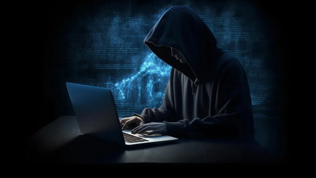 Cybercriminal hacker in hoodie using laptop with cybersecurity code overlay