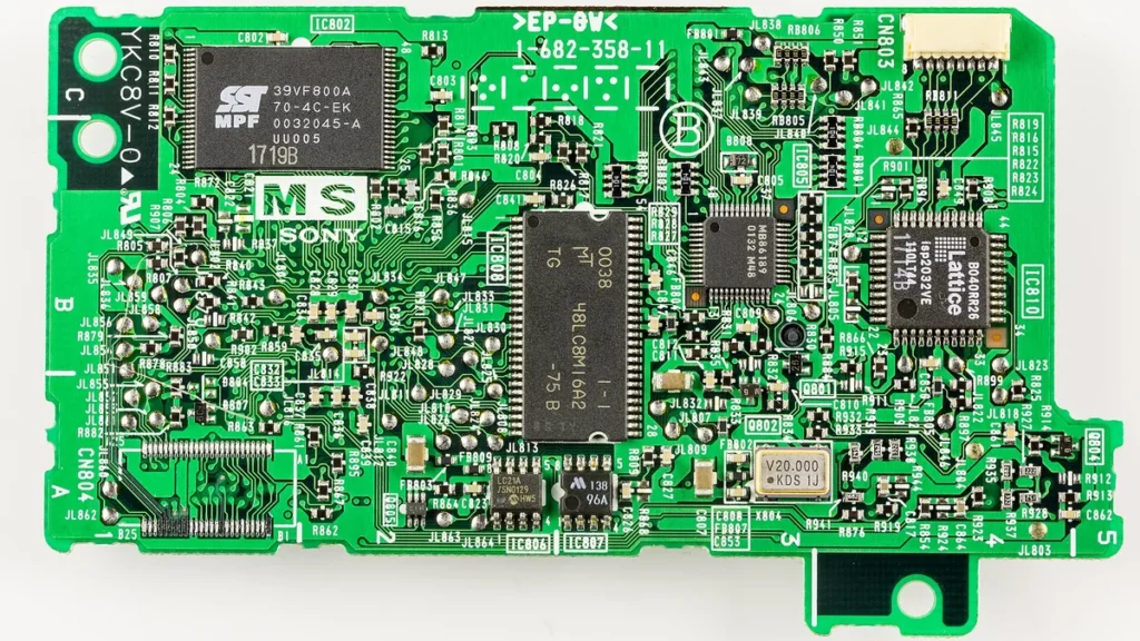 A close-up view of a green printed circuit board with various electronic components and microchips.