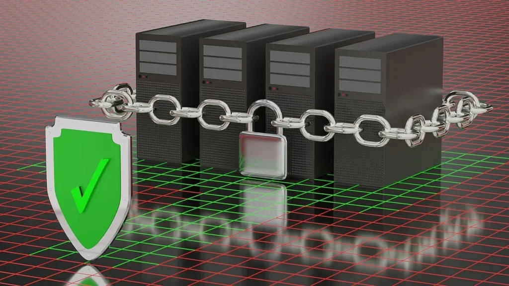 Green shield with checkmark stands before servers wrapped in a security chain and padlock.