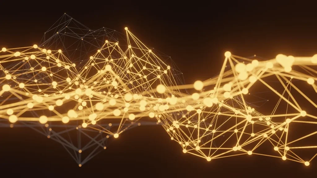 Glowing golden network of interconnected nodes on a dark background, symbolizing complex digital systems.