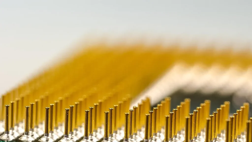 Close-up of golden connector pins on a circuit board, extending into a blurry background.