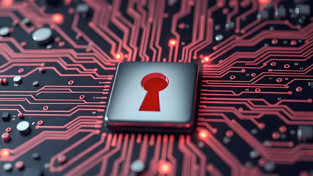A red keyhole on a central microchip surrounded by glowing red circuit pathways, symbolizing cybersecurity.