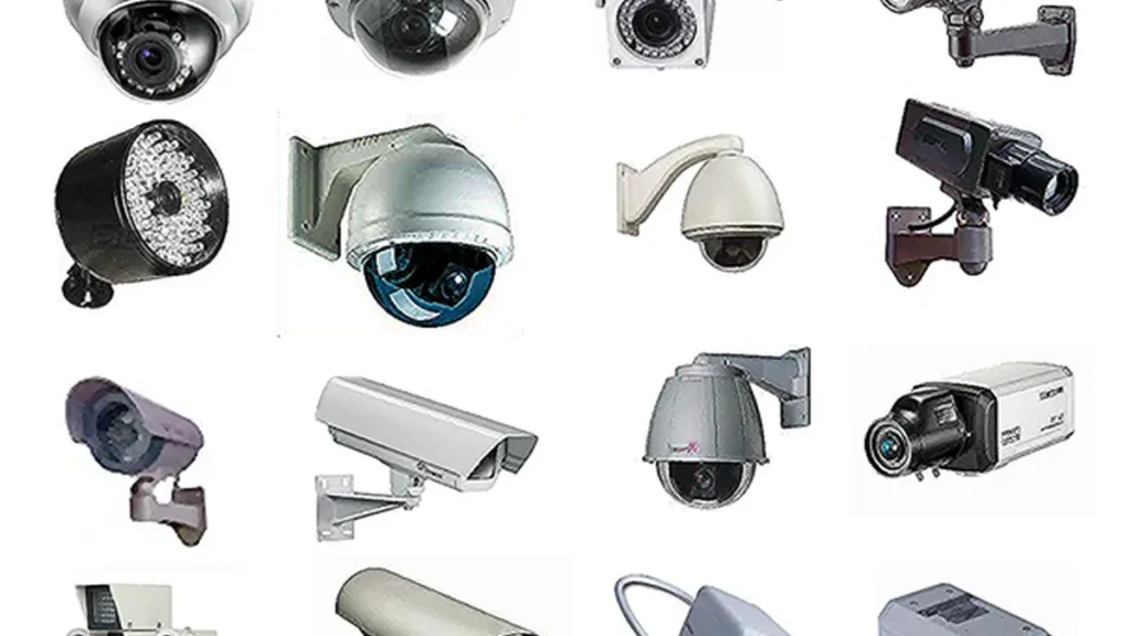 Grid collage of various models of security and surveillance IP cameras on a white background.