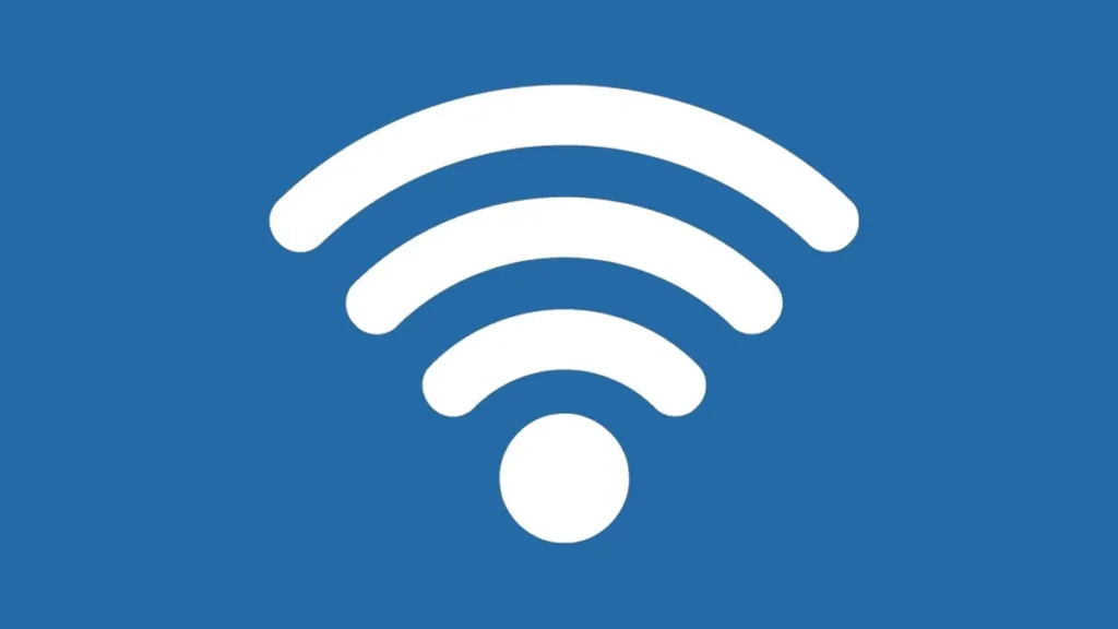 White Wi-Fi symbol on a solid blue background, representing wireless network connectivity.