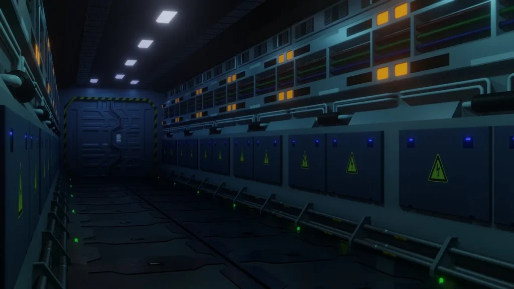A dimly lit futuristic corridor with yellow high-voltage warning signs on panels.