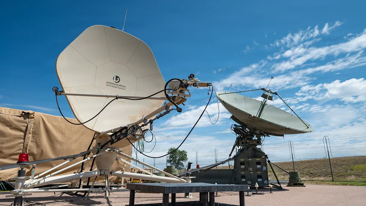 Satellite dishes representing edge network communication hardware under a blue sky.