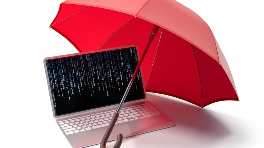 A red umbrella shielding a laptop displaying cascading binary code, symbolizing cybersecurity protection.