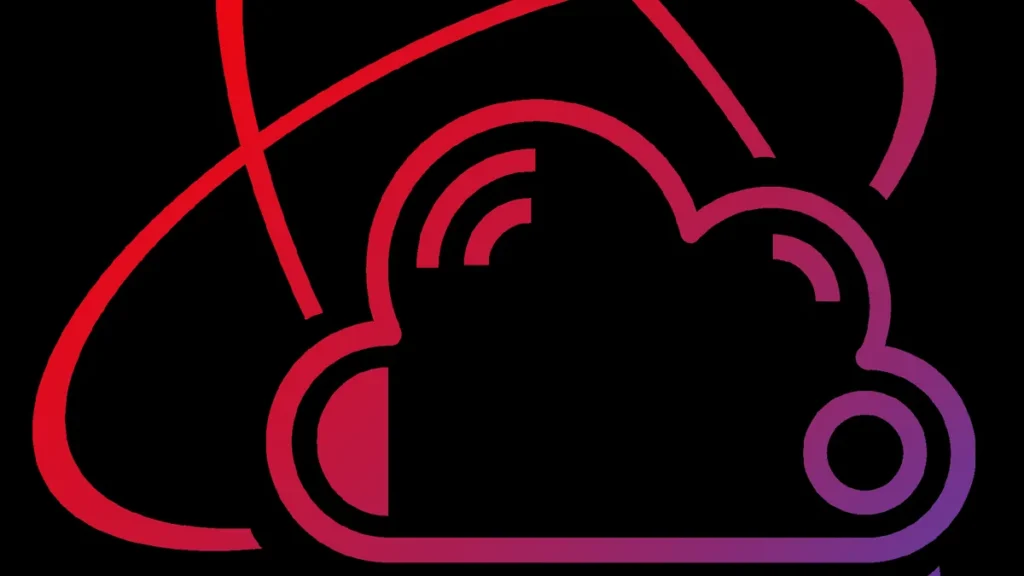 A stylized cloud icon with signal waves in a red-to-purple gradient on a black background.