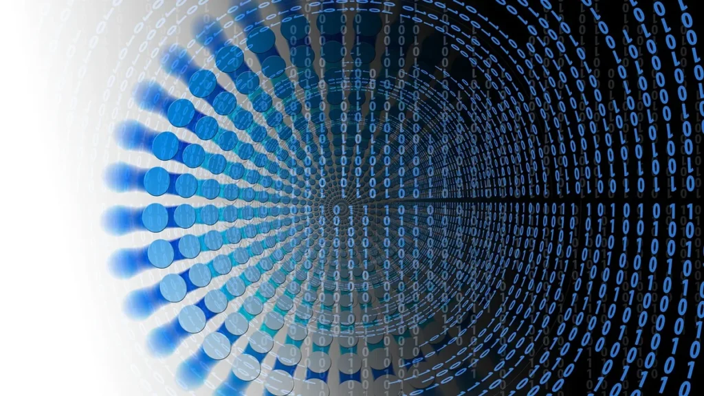 Abstract blue spiral of binary digits and circles on a gradient background, symbolizing digital data.