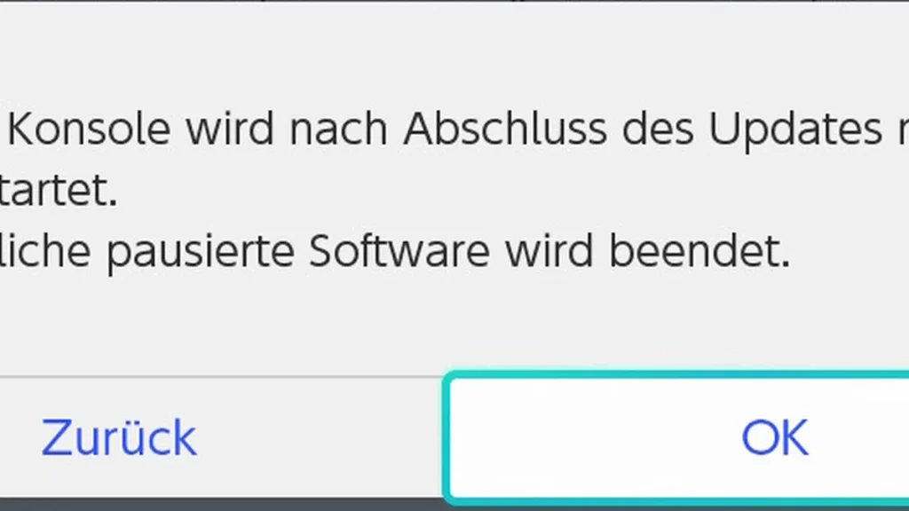 German software update prompt asking to restart the console and close paused software, with OK highlighted.