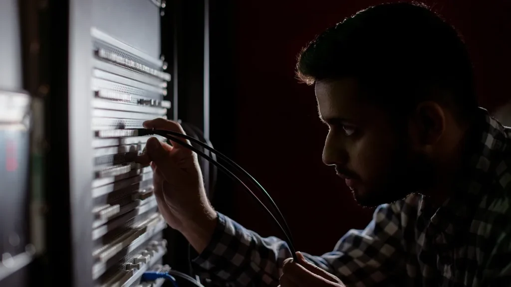 A technician in a plaid shirt carefully plugs network cables into a server rack in a dimly lit room.