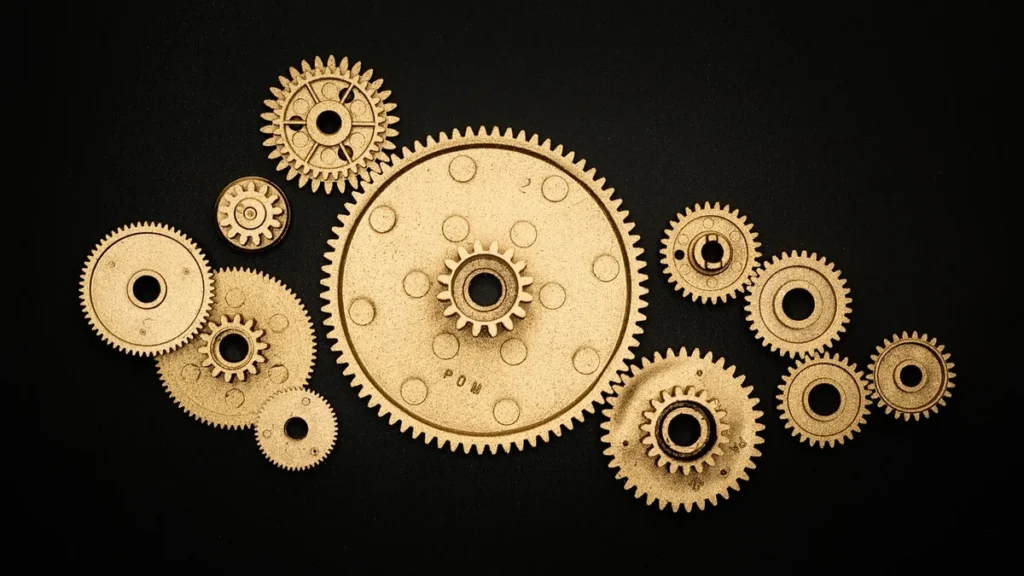 Golden gears of various sizes arranged on a black background, symbolizing interconnected machinery.