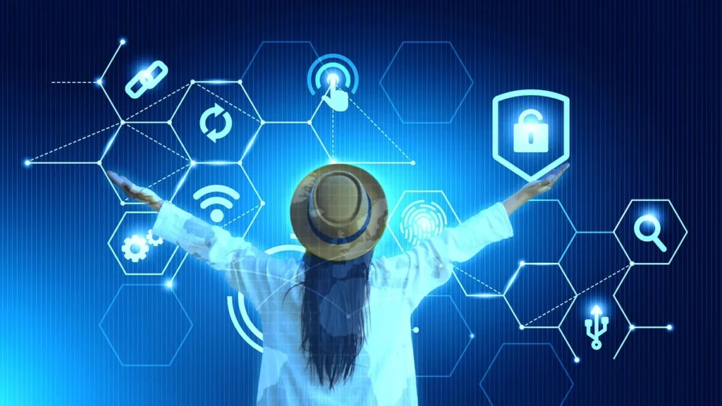 Back view of a woman in a hat interacting with a glowing blue virtual screen filled with cybersecurity icons.