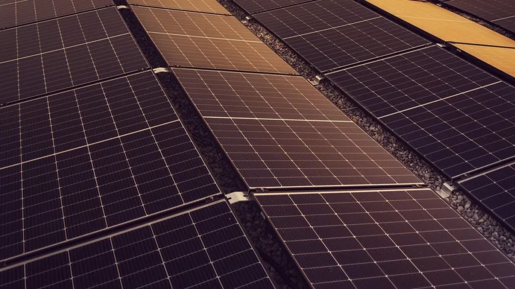 Rows of solar panels under warm lighting, representing modern energy infrastructure.