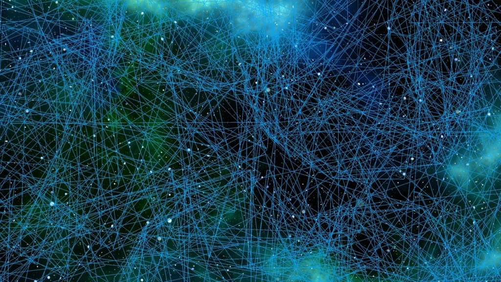 A complex web of glowing blue lines and nodes against a starry green nebula background.