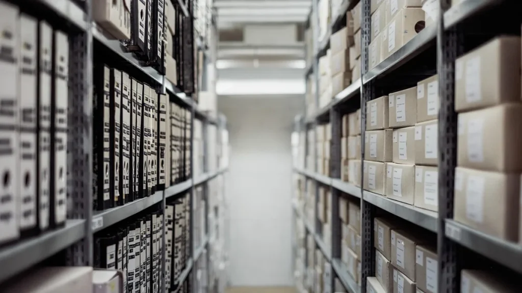 Shelves filled with organized file folders and storage boxes in an archive aisle.