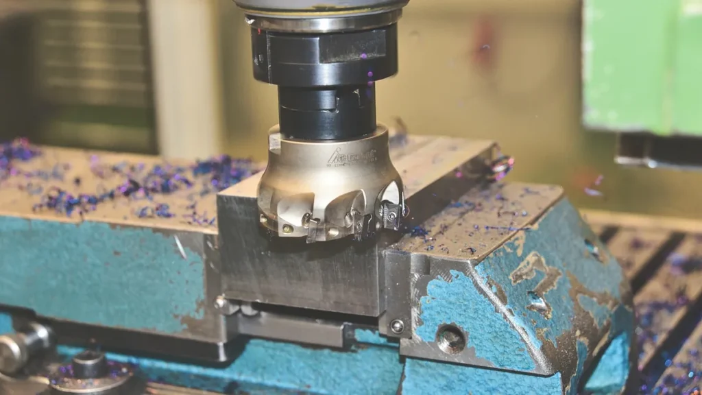 A close-up of a CNC milling machine cutting metal, with blue metal shavings scattered on a blue vise.