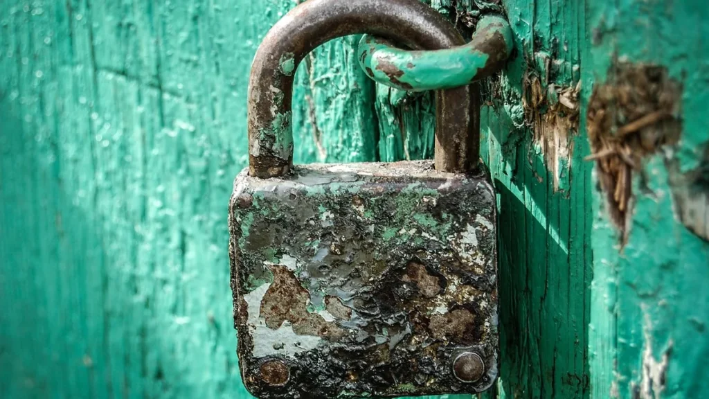 A heavily rusted and weathered padlock locking a peeling green wooden surface, symbolizing security.