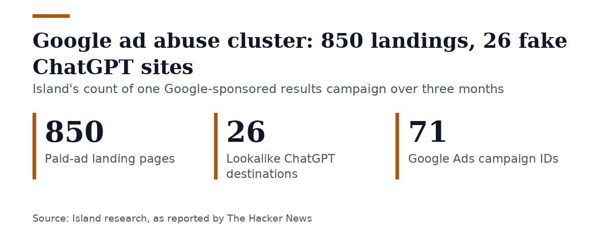 Key figures, Google ad abuse cluster: 850 landings, 26 fake ChatGPT sites. Paid-ad landing pages: 850; Lookalike ChatGPT destinations: 26; Google Ads campaign IDs: 71.