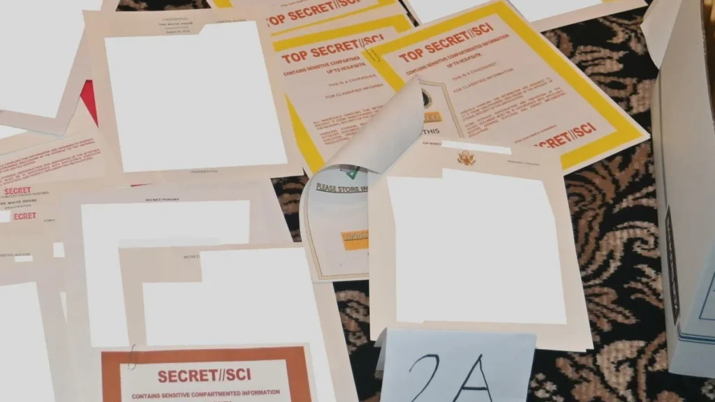 Redacted TOP SECRET//SCI classified coversheets scattered on a patterned carpet, showing white redaction boxes.