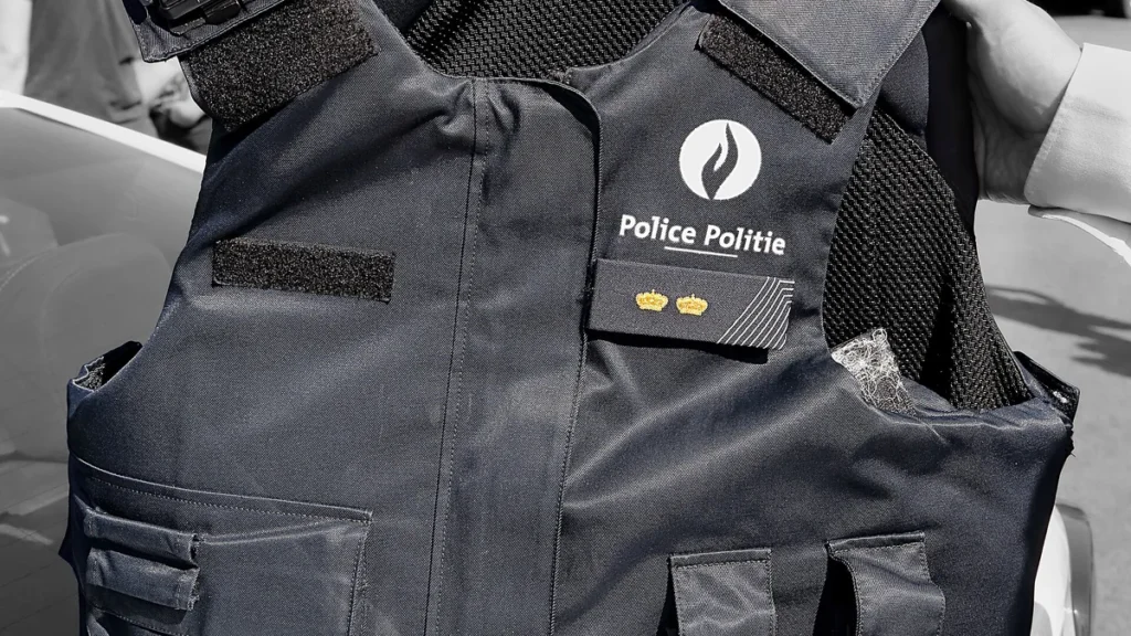 A close-up of a dark blue Belgian police bulletproof vest with the 'Police Politie' logo and golden crowns.