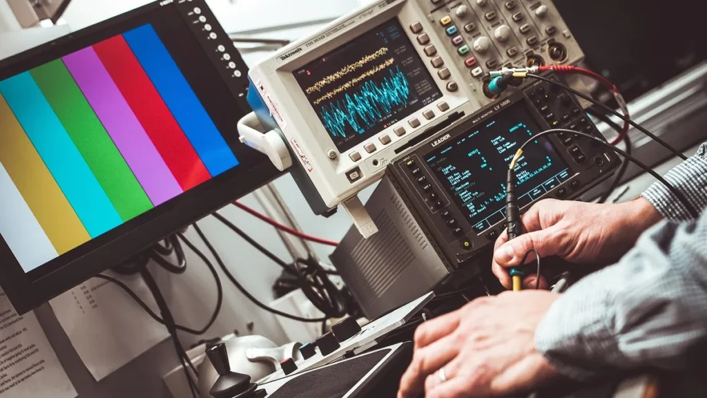 Technician adjusting test equipment showing waveforms and color bars in a laboratory environment.