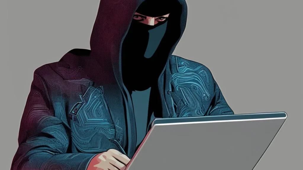 Hooded hacker in a black mask working on a laptop, stylized digital illustration.