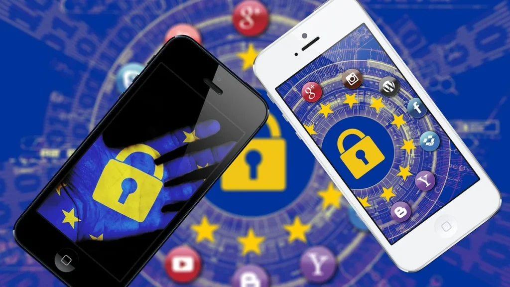 Two smartphones displaying yellow padlocks and social media icons over a blue EU flag background, symbolizing data security.
