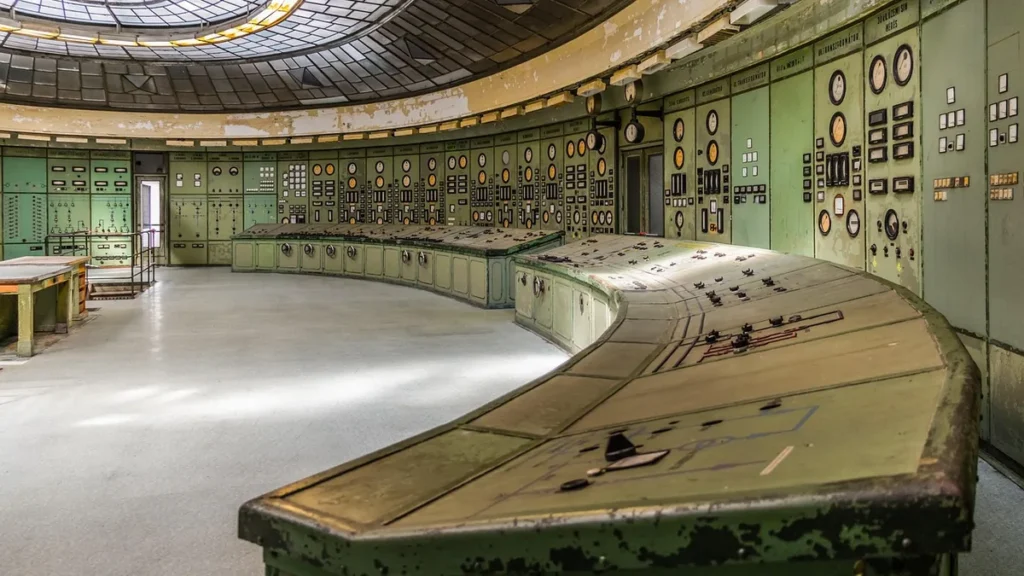 Retro green industrial control panels with numerous dials and switches curve around a large, empty room.
