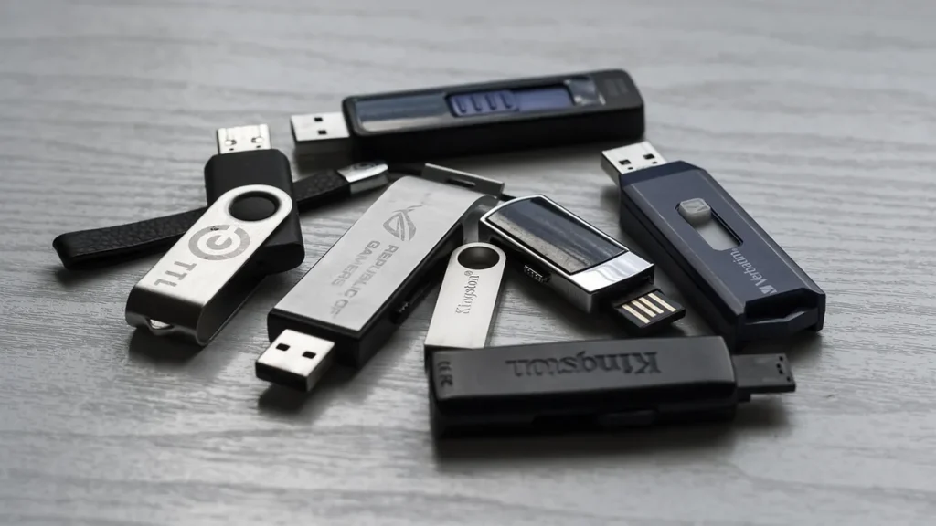 Several USB flash drives of different brands scattered on a grey wooden surface.