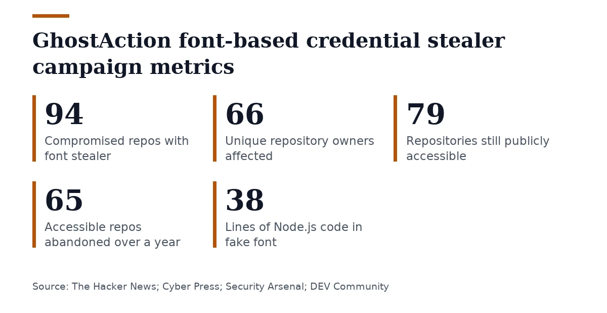 Key figures, GhostAction font-based credential stealer campaign metrics. Compromised repos with font stealer: 94; Unique repository owners affected: 66; Repositories still publicly accessible: 79; Accessible repos abandoned over a year: 65; Lines of Node.js code in fake font: 38.