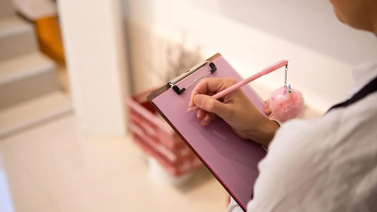 A person holding a pink clipboard and writing with a pink pen featuring a fluffy unicorn charm.