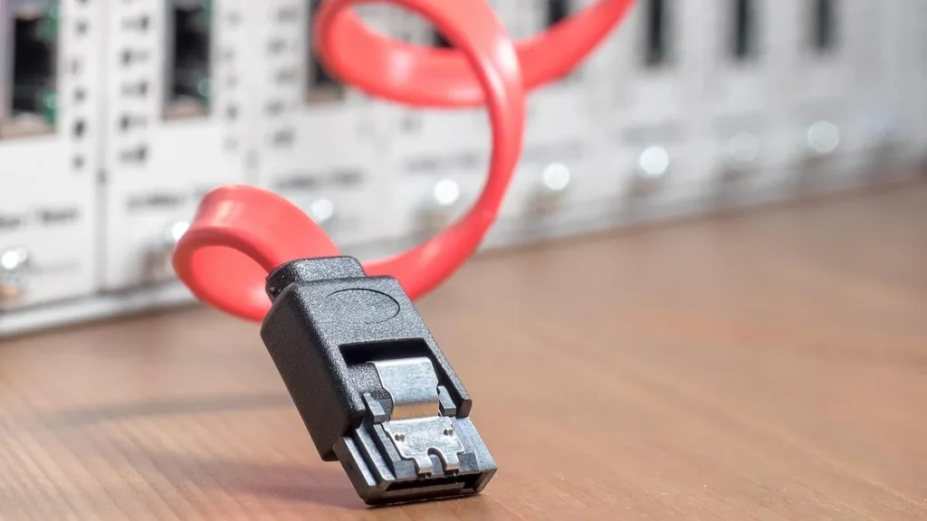Close-up of a red SATA cable connector on a wooden surface with blurred server hardware in the background.
