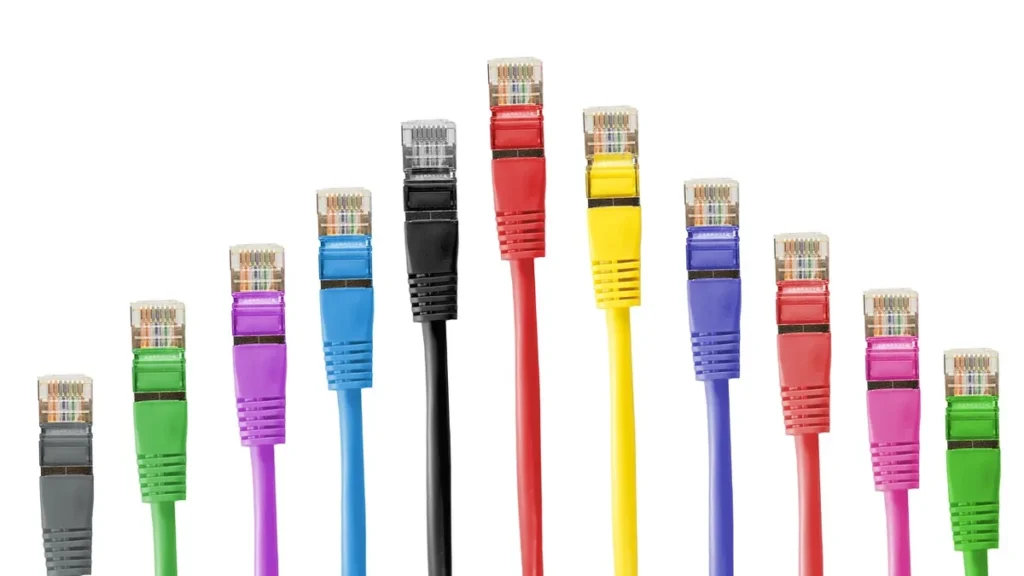 Colorful ethernet network cables of varying heights standing in a row on a white background.